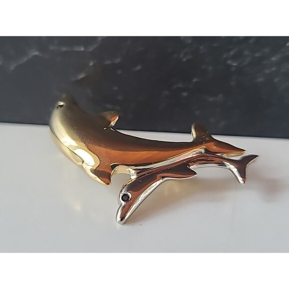Two Toned Dolphin Shaped Brooch Vintage Costume Jewelry - Picture 4 of 10